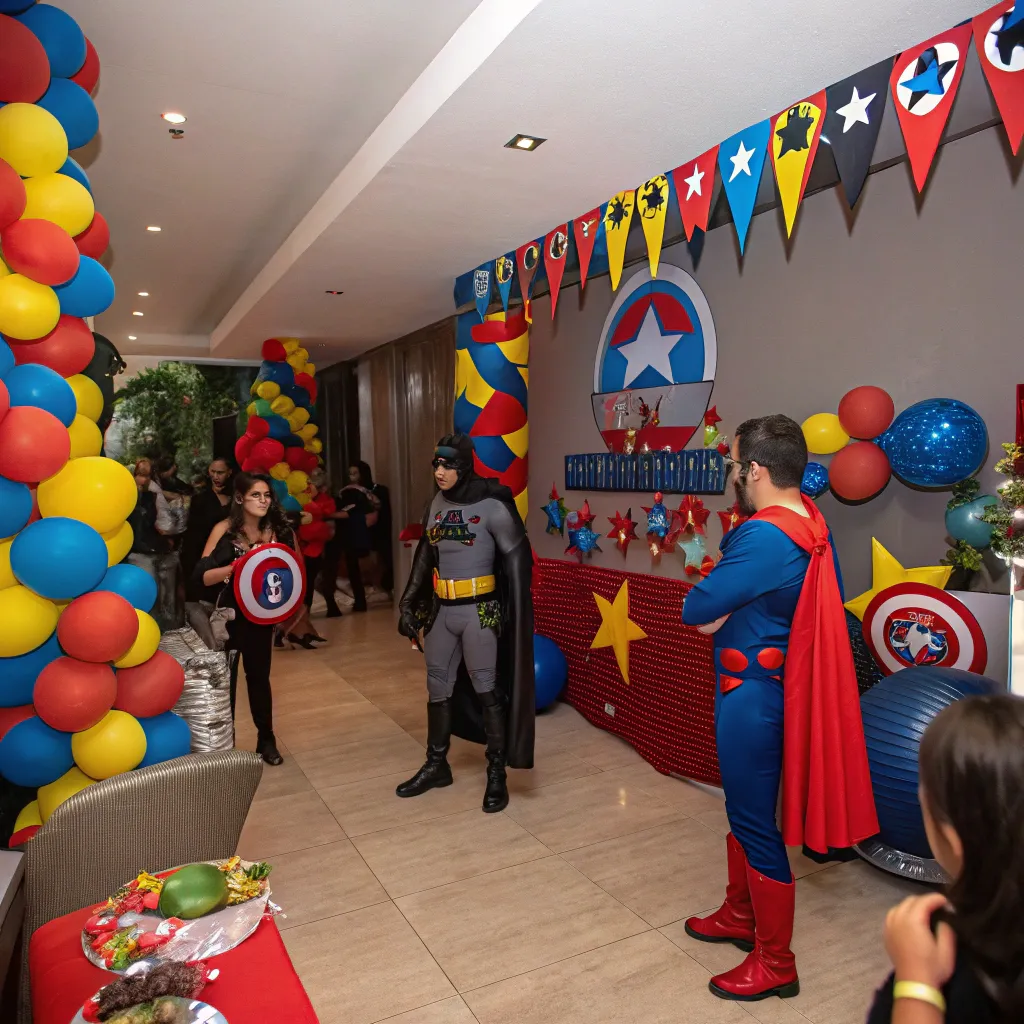 Superhero themed party with costumes and decorations